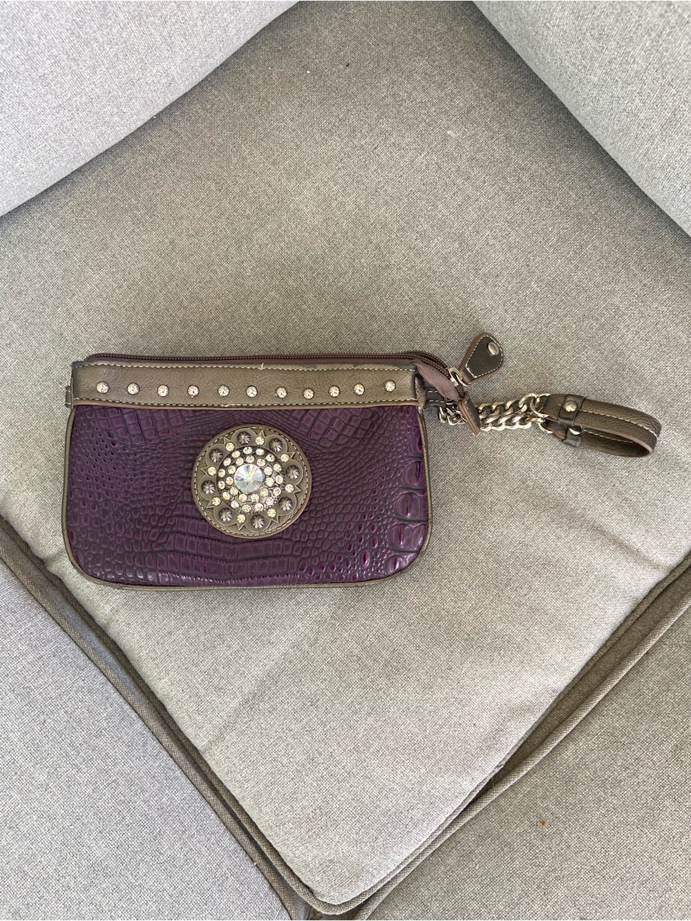 Purple Croc-Embossed Studded Wristlet